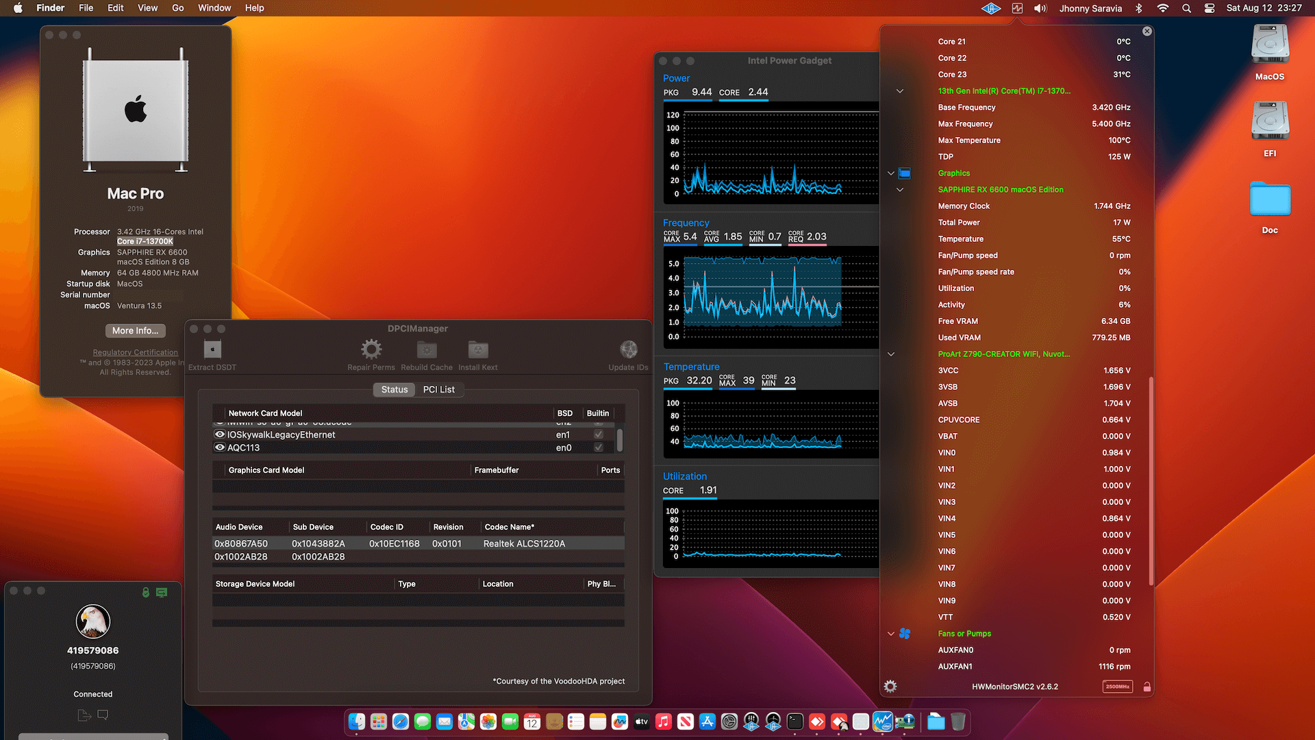 Success Hackintosh macOS Ventura 13.5 Build 22G74 in Asus ProArt Z790 Creator WiFi + Intel Core i7 13700K + Sapphire RX 6600